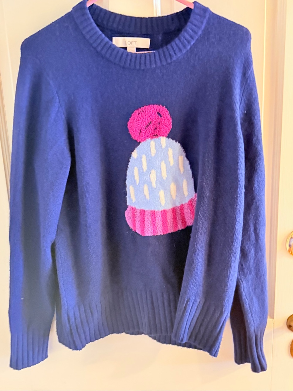 LOFT Navy Sweater with Pink and Light Blue Beanie Motif